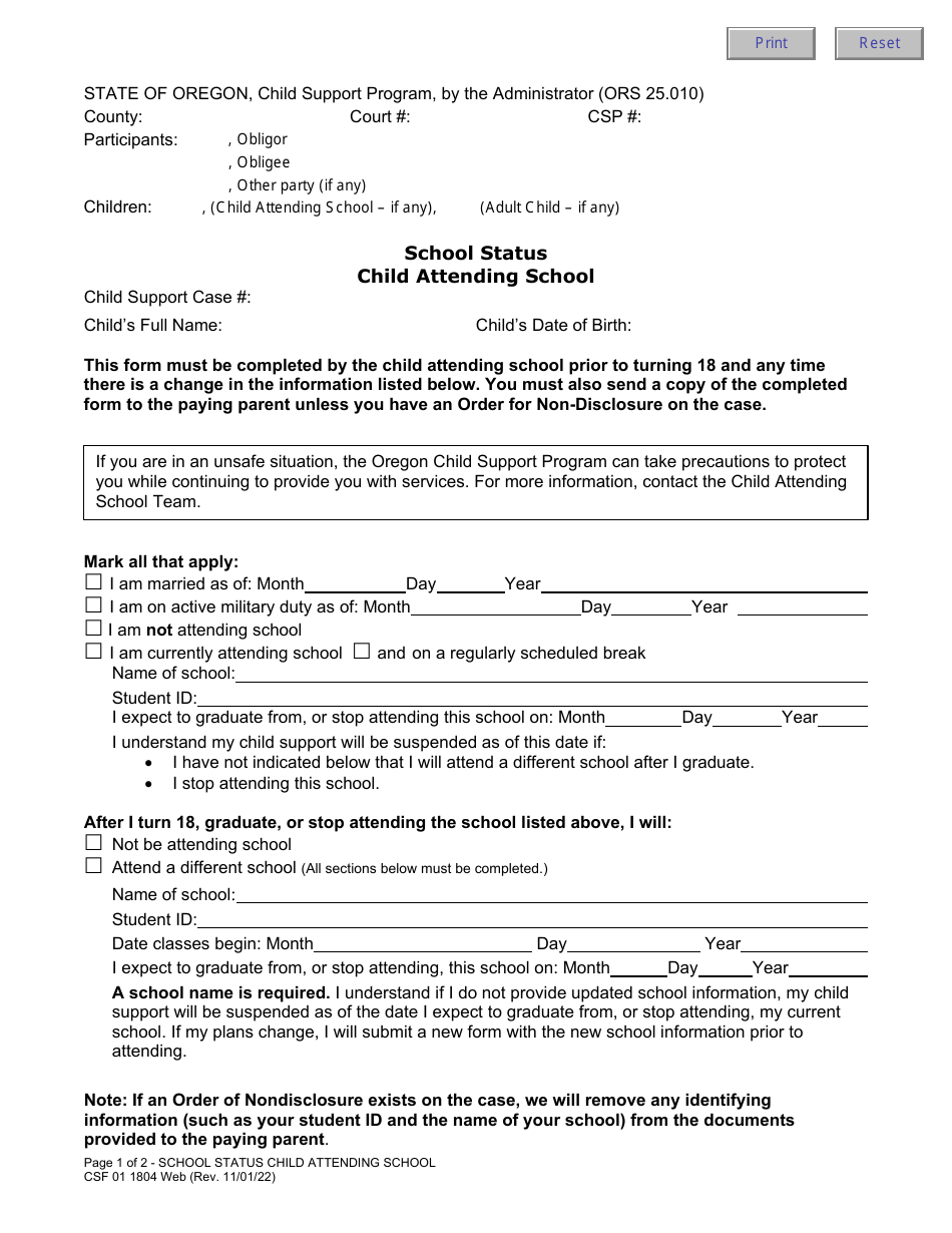 Form CSF01 1804 School Status: Child Attending School - Oregon, Page 1