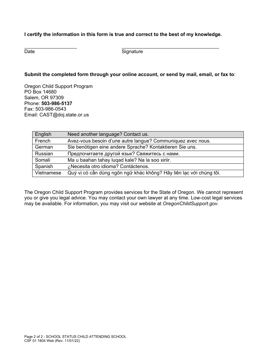 Form CSF01 1804 School Status: Child Attending School - Oregon, Page 2