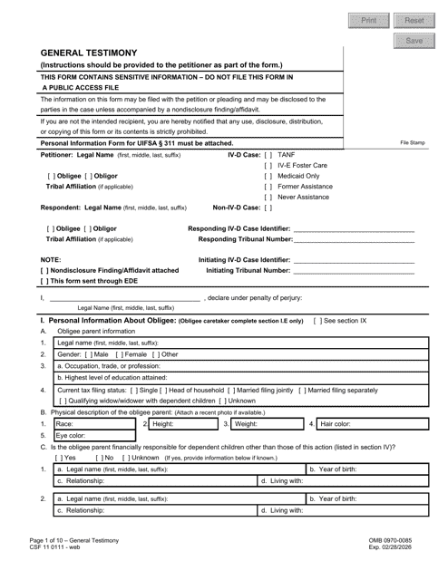 Form CSF11 0111 General Testimony - Oregon