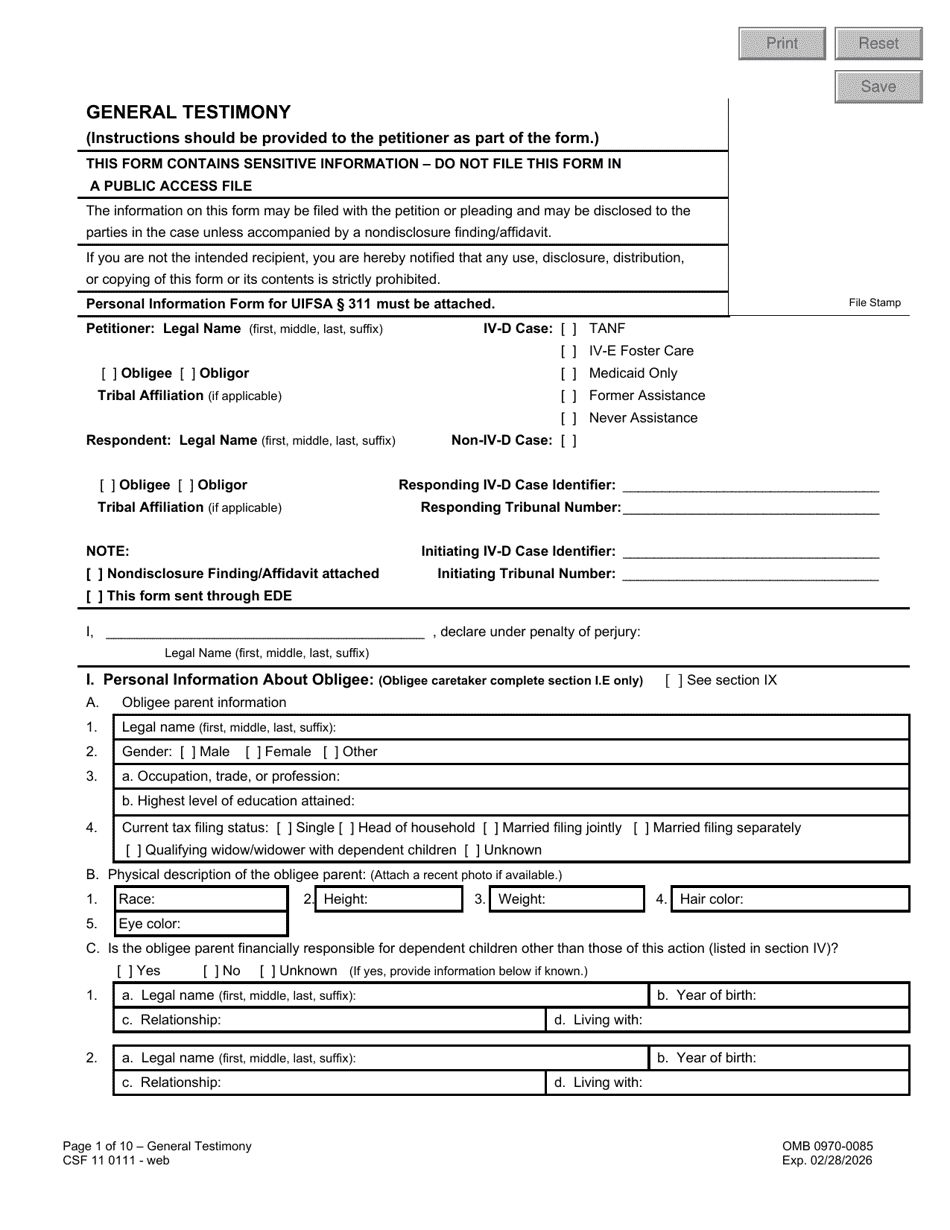 Form CSF11 0111 General Testimony - Oregon, Page 1