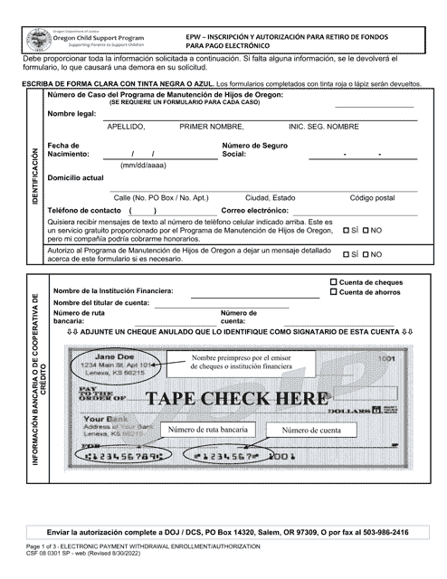 Formulario CSF08 0301 Epw - Inscripcion Y Autorizacion Para Retiro De Fondos Para Pago Electronico - Oregon (Spanish)