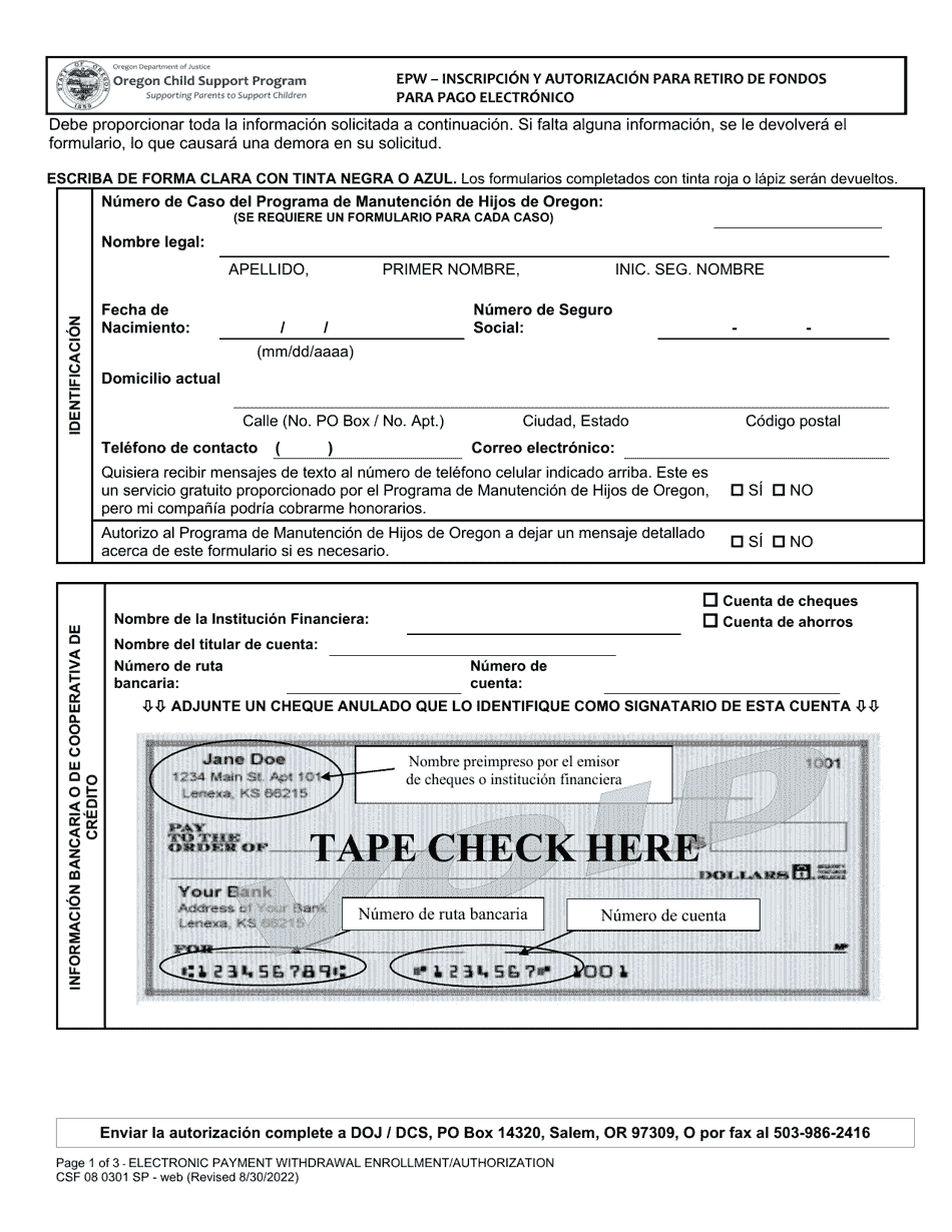 Formulario CSF08 0301 Epw - Inscripcion Y Autorizacion Para Retiro De Fondos Para Pago Electronico - Oregon (Spanish), Page 1