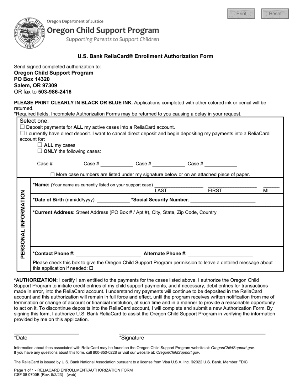 Form CFS08 0700B U.S. Bank Reliacard Enrollment Authorization Form - Oregon, Page 1