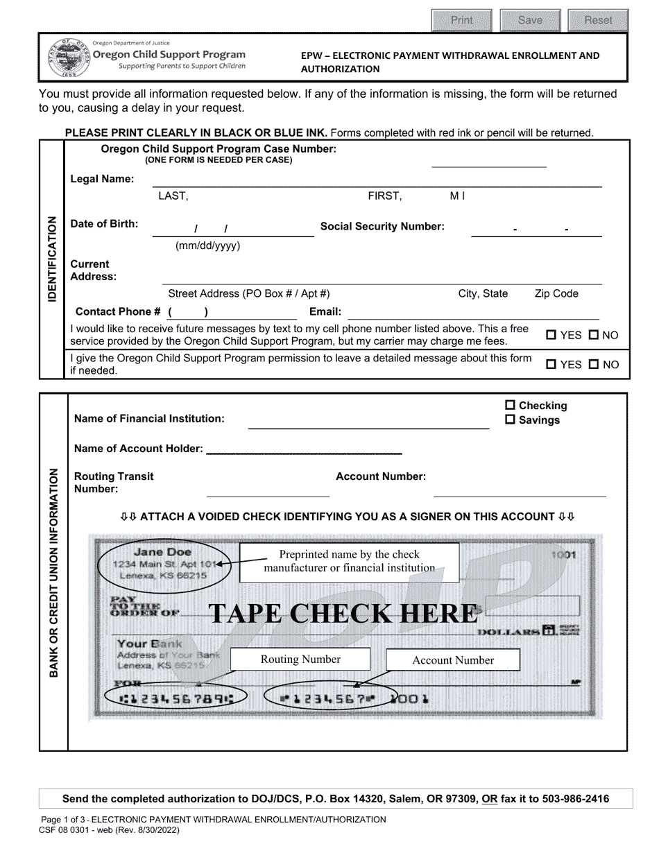 Form CSF08 0301 Epw - Electronic Payment Withdrawal Enrollment and Authorization - Oregon, Page 1