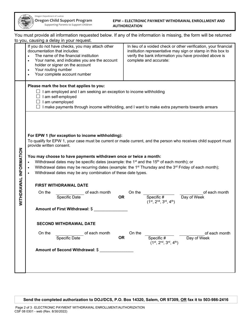 Form CSF08 0301 Epw - Electronic Payment Withdrawal Enrollment and Authorization - Oregon, Page 2