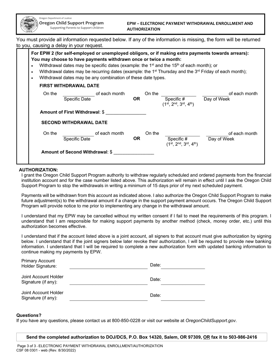 Form CSF08 0301 Epw - Electronic Payment Withdrawal Enrollment and Authorization - Oregon, Page 3