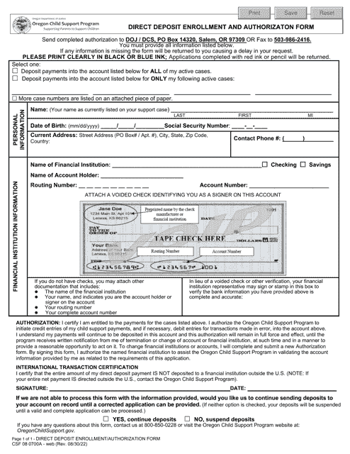 Form CSF08 0700A Direct Deposit Enrollment and Authorizaton Form - Oregon
