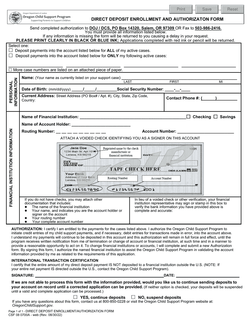 Form CSF08 0700A Direct Deposit Enrollment and Authorizaton Form - Oregon, Page 1