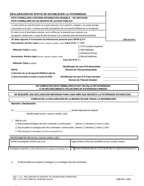 Formulario CSF11 0112 Declaracion En Apoyo De Establecer La Paternidad - Oregon (Spanish)