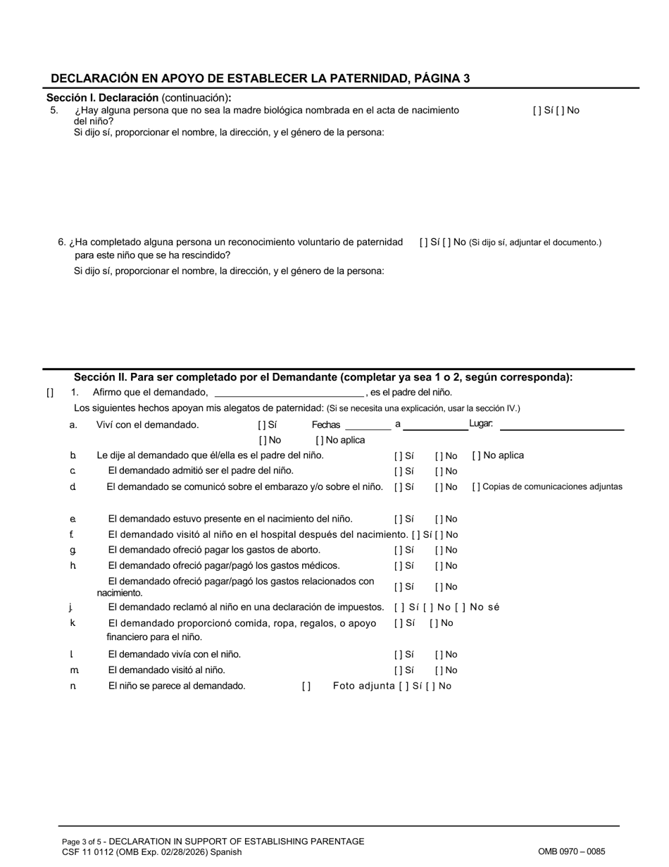 Formulario CSF11 0112 Declaracion En Apoyo De Establecer La Paternidad - Oregon (Spanish), Page 3