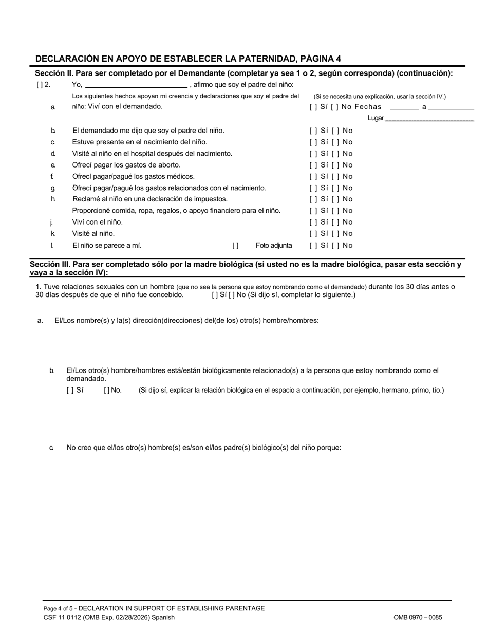 Formulario CSF11 0112 Declaracion En Apoyo De Establecer La Paternidad - Oregon (Spanish), Page 4