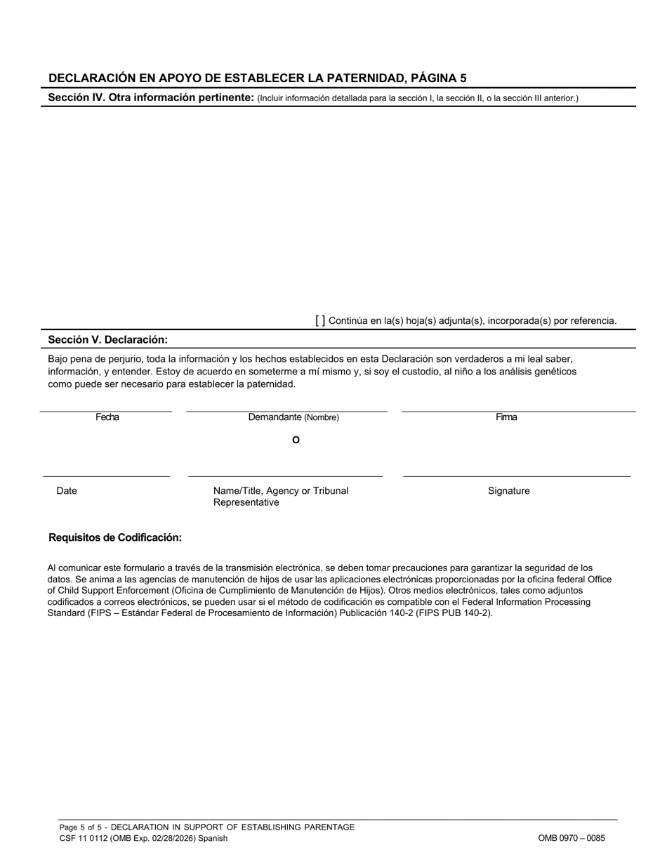 Formulario CSF11 0112 Declaracion En Apoyo De Establecer La Paternidad - Oregon (Spanish), Page 5