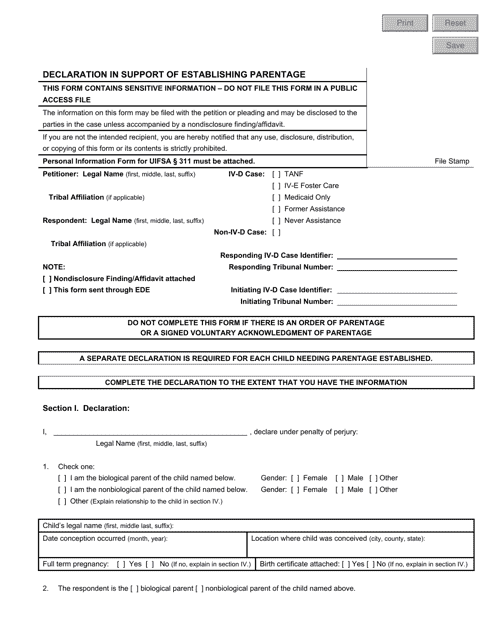 Form CSF11 0112 Declaration in Support of Establishing Parentage - Oregon