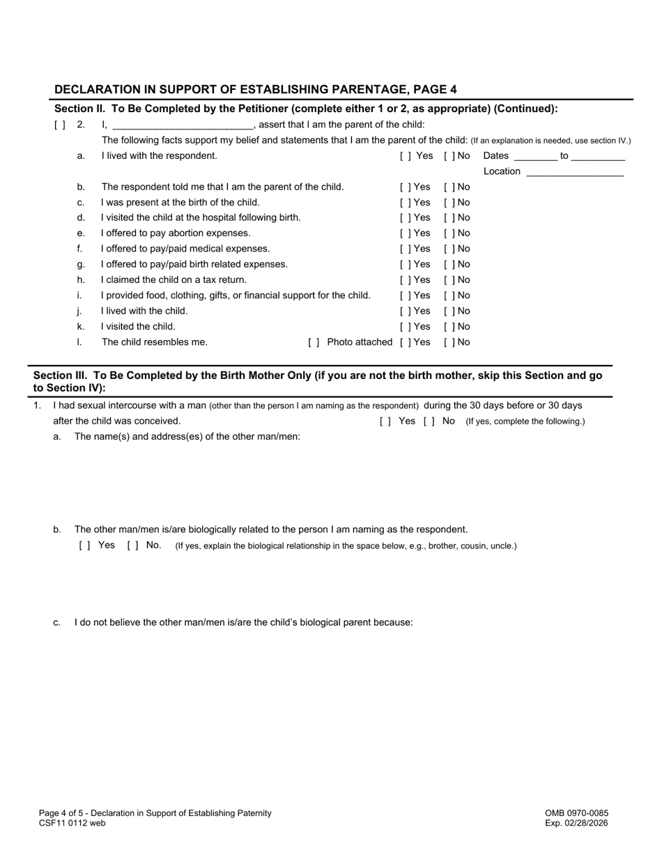 Form CSF11 0112 Declaration in Support of Establishing Parentage - Oregon, Page 4