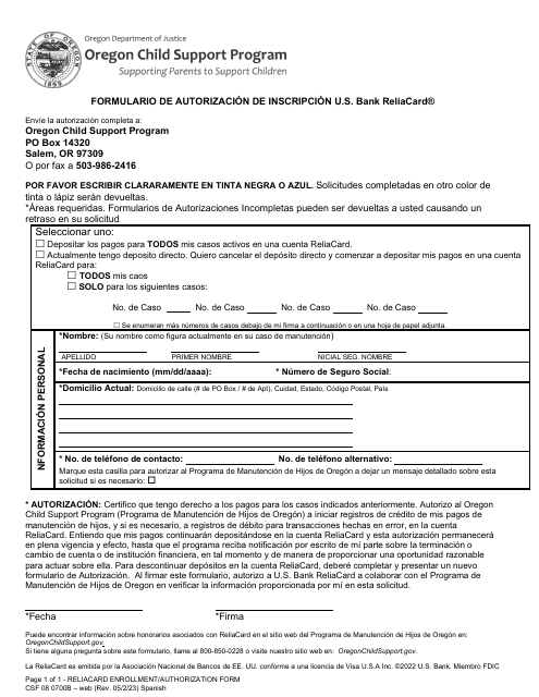 Formulario CSF08 0700B Formulario De Autorizacon De Inscripcion U.S. Bank Reliacard - Oregon (Spanish)
