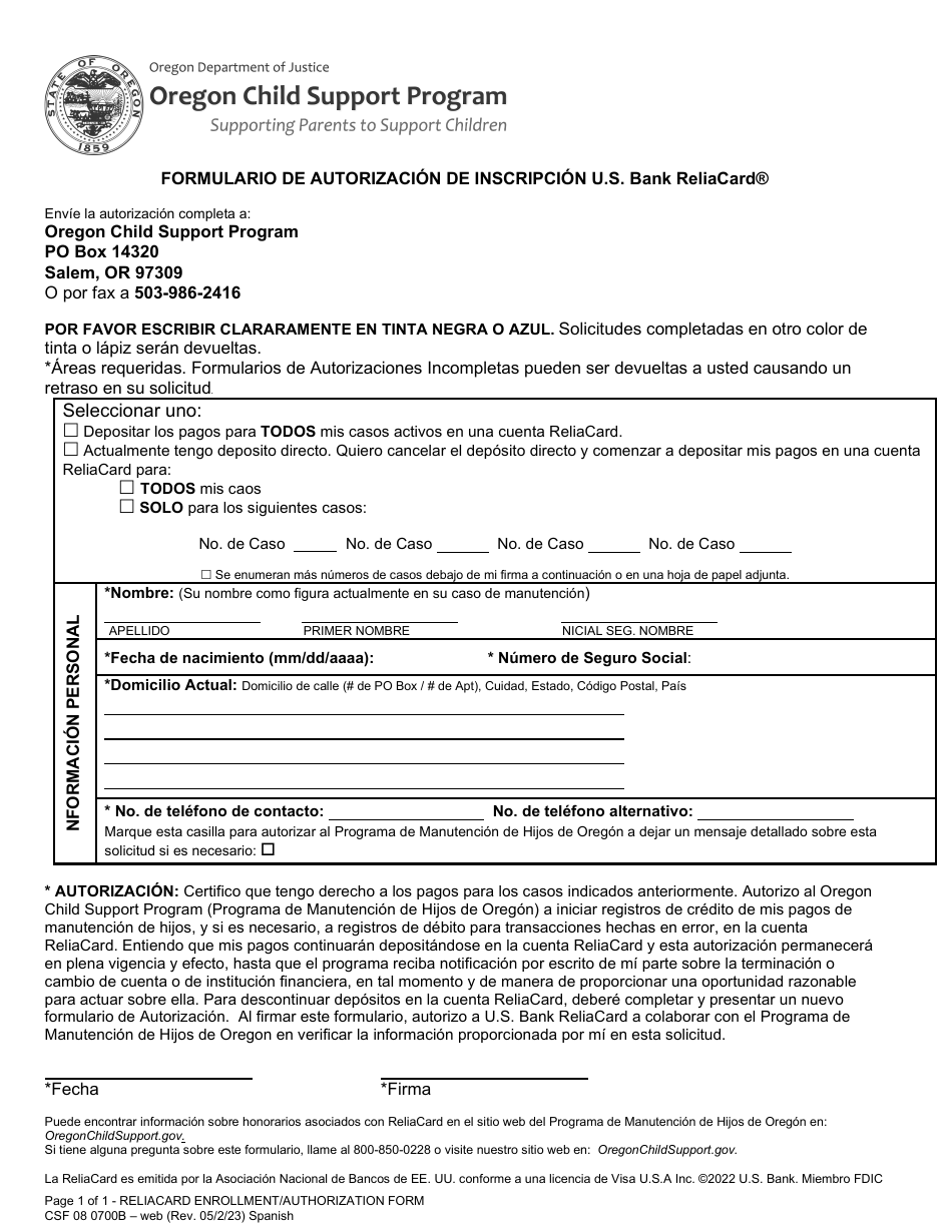 Formulario CSF08 0700B Formulario De Autorizacon De Inscripcion U.S. Bank Reliacard - Oregon (Spanish), Page 1