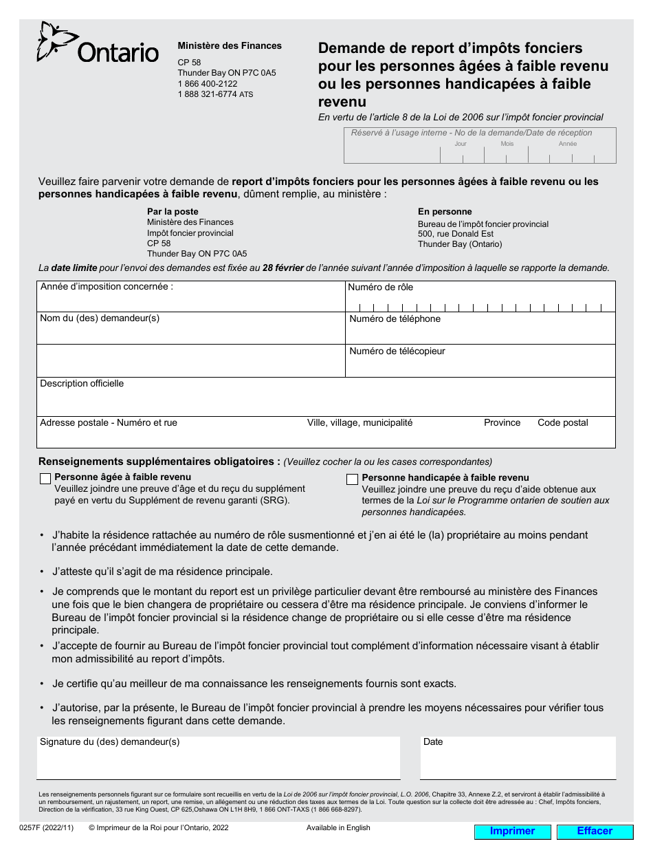 Forme 0257F Demande De Report Dimpots Fonciers Pour Les Personnes Agees a Faible Revenu Ou Les Personnes Handicapees a Faible Revenu - Ontario, Canada (French), Page 1