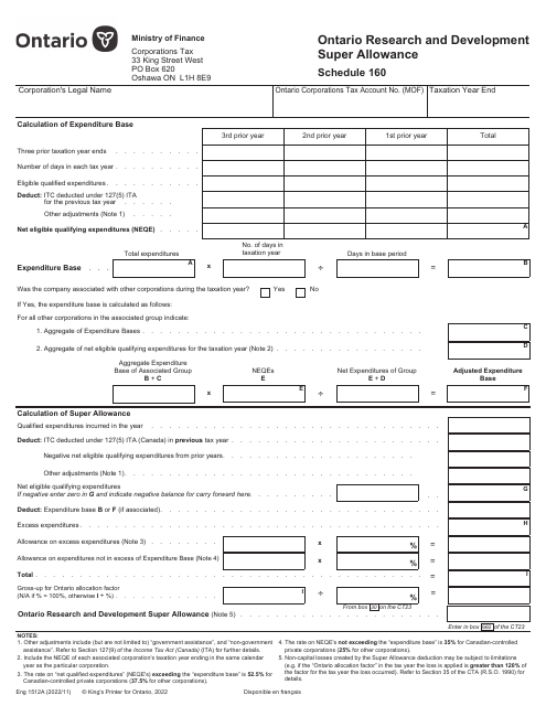 Form 1512A Schedule 160 Ontario Research and Development Super Allowance - Ontario, Canada