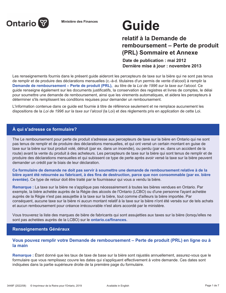 Forme 3448F Guide Relatif a La Demande De Remboursement - Perte De Produit (Prl) Sommaire Et Annexe - Ontario, Canada (French), Page 1