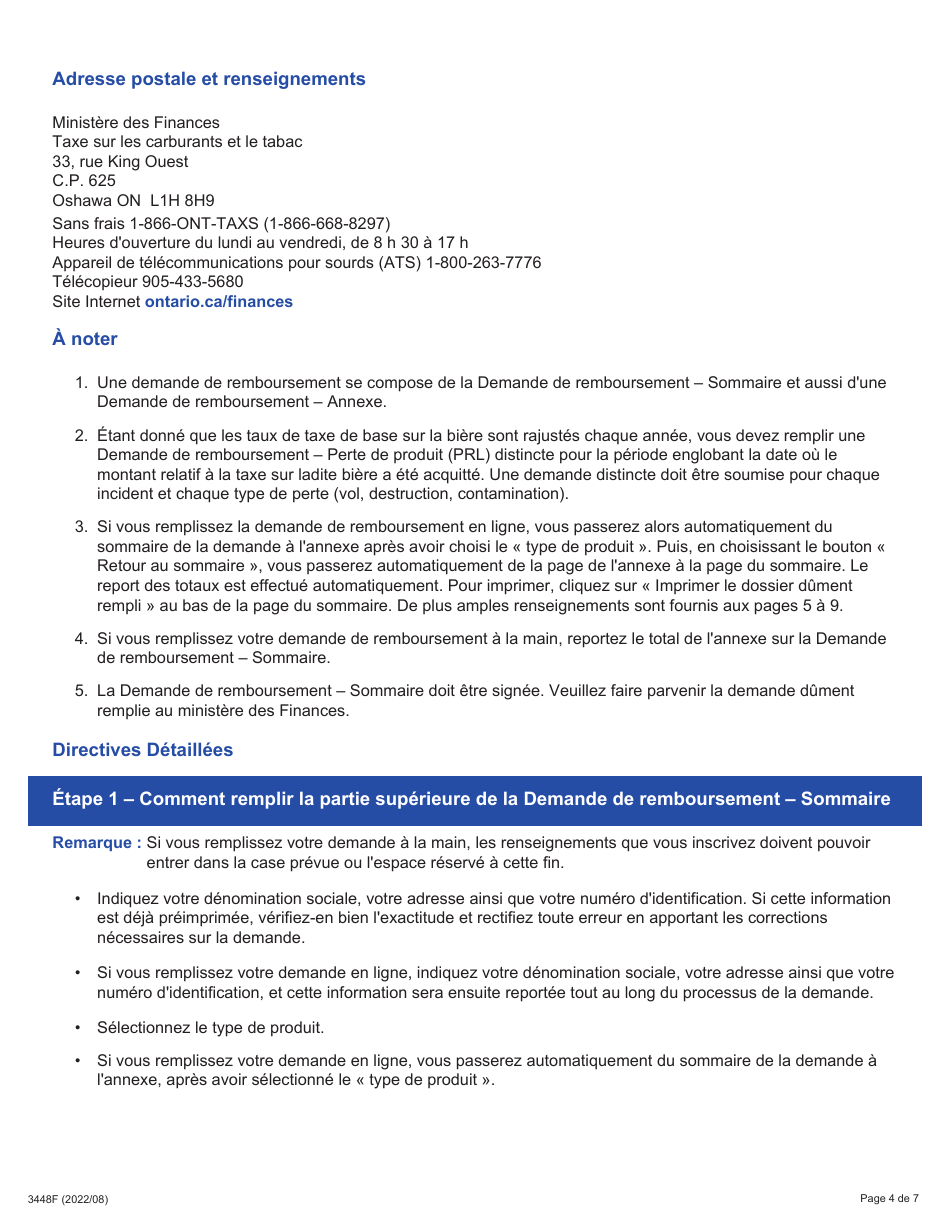 Forme 3448F Guide Relatif a La Demande De Remboursement - Perte De Produit (Prl) Sommaire Et Annexe - Ontario, Canada (French), Page 4