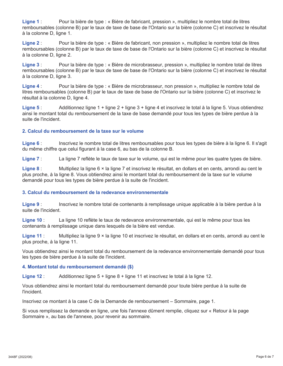 Forme 3448F Guide Relatif a La Demande De Remboursement - Perte De Produit (Prl) Sommaire Et Annexe - Ontario, Canada (French), Page 6