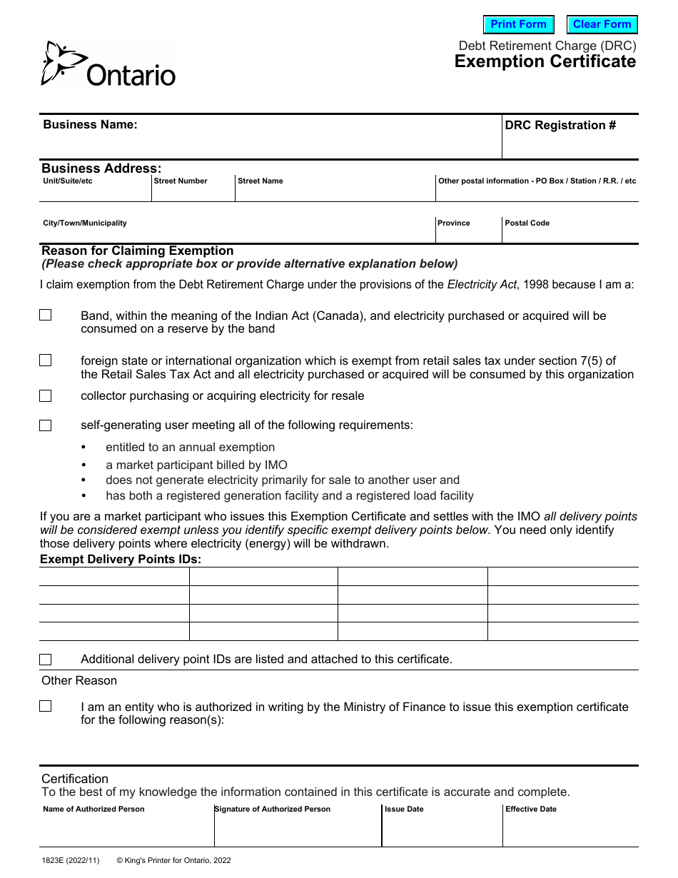 Form 1823E Debt Retirement Charge (Drc) - Exemption Certificate - Ontario, Canada, Page 1