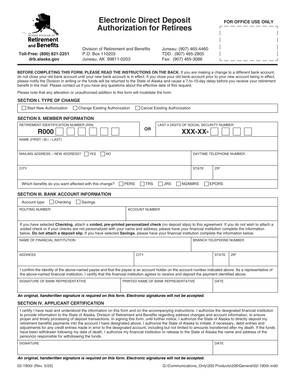 Form 02-1900R Electronic Direct Deposit Authorization for Retirees - Alaska, Page 1