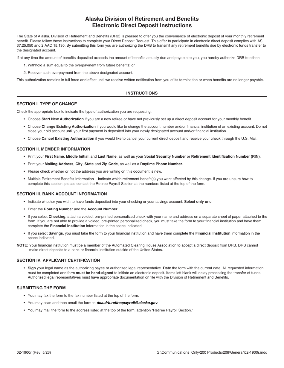 Form 02-1900R Electronic Direct Deposit Authorization for Retirees - Alaska, Page 2
