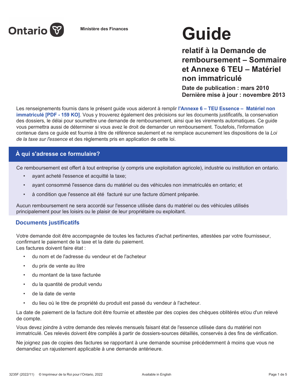 Instruction pour Forme 3235F Demande De Remboursement - Sommaire Et Annexe 6 Teu - Materiel Non Immatricule - Ontario, Canada (French), Page 1