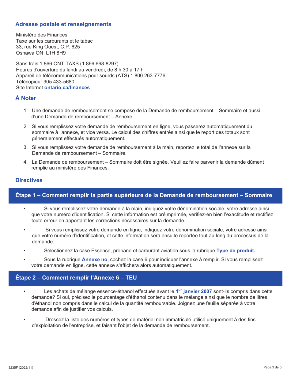 Instruction pour Forme 3235F Demande De Remboursement - Sommaire Et Annexe 6 Teu - Materiel Non Immatricule - Ontario, Canada (French), Page 3