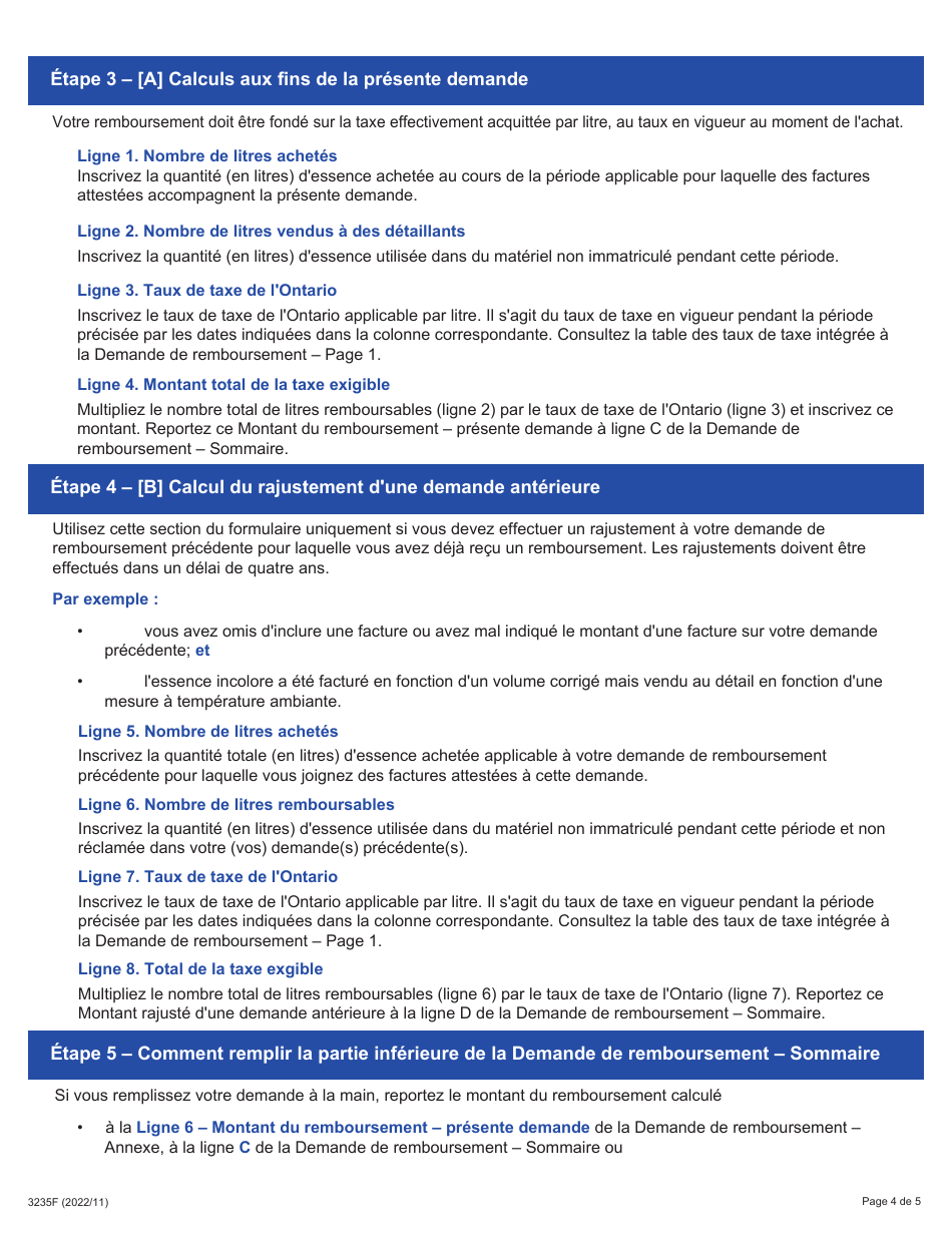 Instruction pour Forme 3235F Demande De Remboursement - Sommaire Et Annexe 6 Teu - Materiel Non Immatricule - Ontario, Canada (French), Page 4
