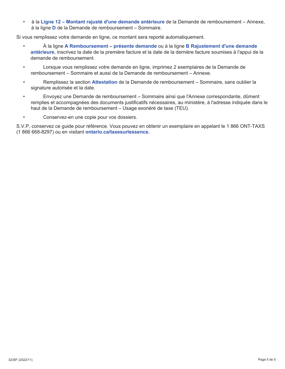 Instruction pour Forme 3235F Demande De Remboursement - Sommaire Et Annexe 6 Teu - Materiel Non Immatricule - Ontario, Canada (French), Page 5