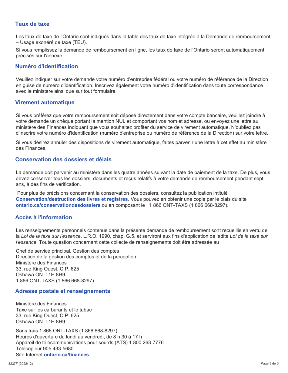 Instruction pour Forme 3237F Demande De Remboursement - Sommaire Et Annexe 8 Teu - Essais De Vehicules Ou Exportation Dessence a Lexterieur De Lontario Dans Le Reservoir Dessence De Vehicules - Ontario, Canada (French), Page 3
