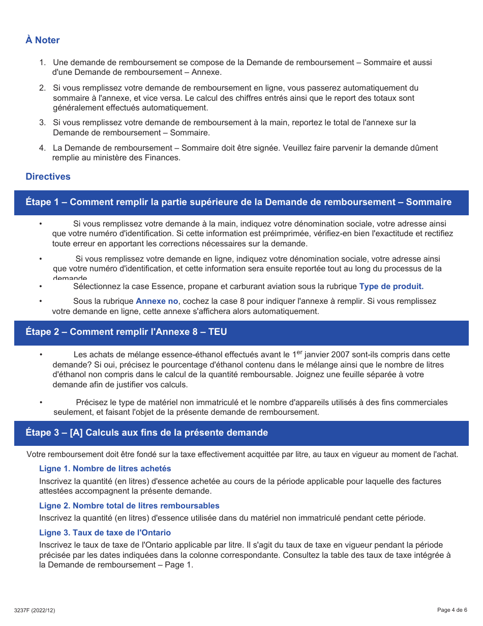 Instruction pour Forme 3237F Demande De Remboursement - Sommaire Et Annexe 8 Teu - Essais De Vehicules Ou Exportation Dessence a Lexterieur De Lontario Dans Le Reservoir Dessence De Vehicules - Ontario, Canada (French), Page 4