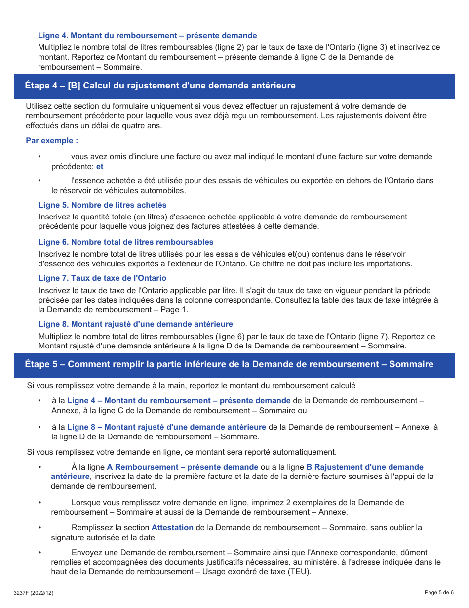 Instruction pour Forme 3237F Demande De Remboursement - Sommaire Et Annexe 8 Teu - Essais De Vehicules Ou Exportation Dessence a Lexterieur De Lontario Dans Le Reservoir Dessence De Vehicules - Ontario, Canada (French), Page 5
