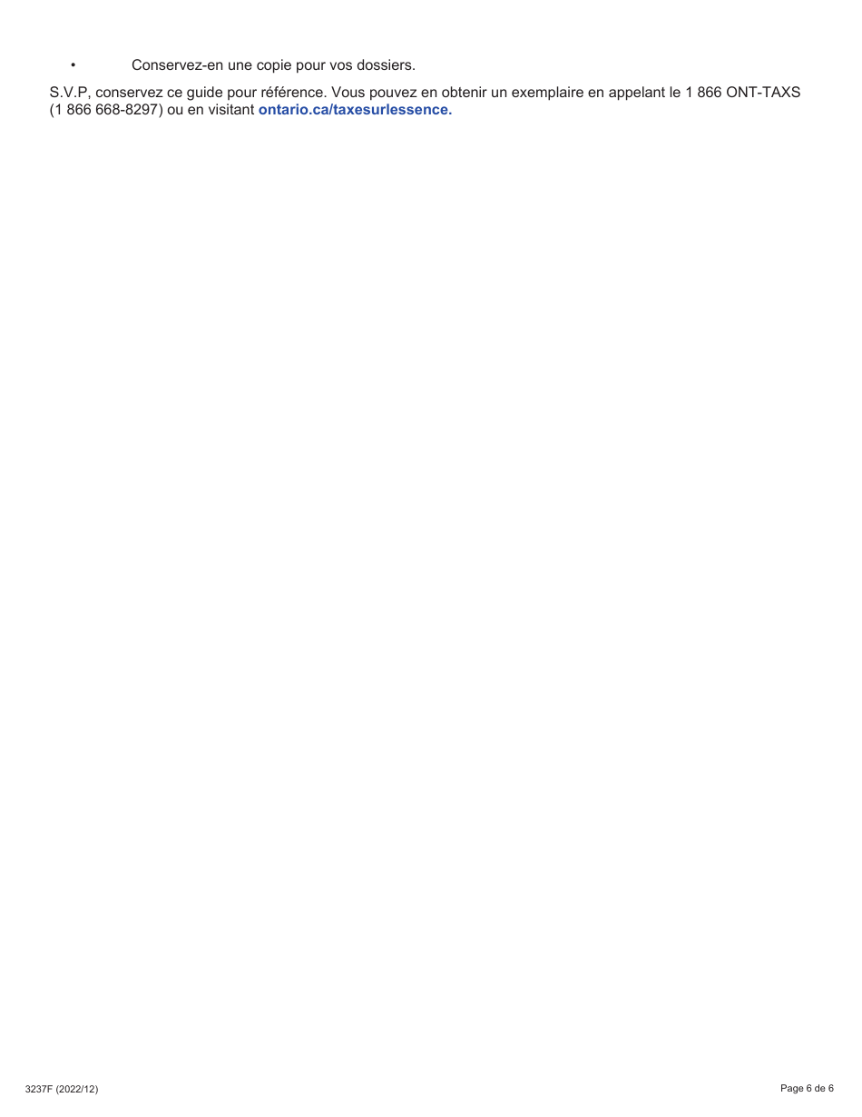 Instruction pour Forme 3237F Demande De Remboursement - Sommaire Et Annexe 8 Teu - Essais De Vehicules Ou Exportation Dessence a Lexterieur De Lontario Dans Le Reservoir Dessence De Vehicules - Ontario, Canada (French), Page 6