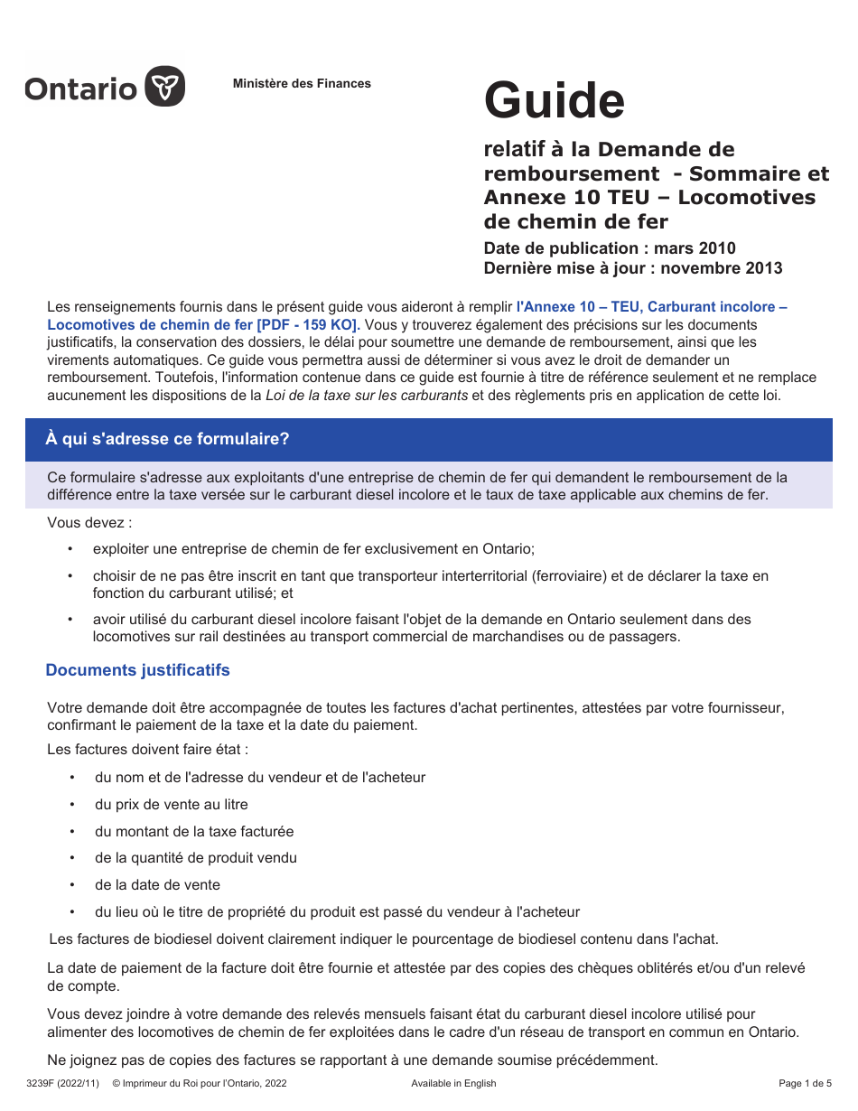 Instruction pour Forme 3239F Demande De Remboursement - Sommaire Et Annexe 10 Teu - Locomotives De Chemin De Fer - Ontario, Canada (French), Page 1