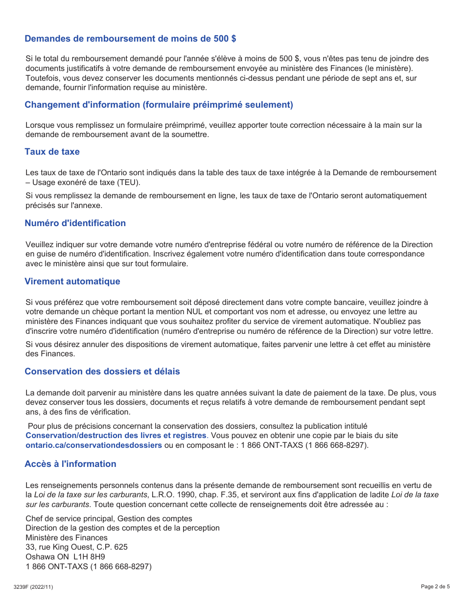Instruction pour Forme 3239F Demande De Remboursement - Sommaire Et Annexe 10 Teu - Locomotives De Chemin De Fer - Ontario, Canada (French), Page 2