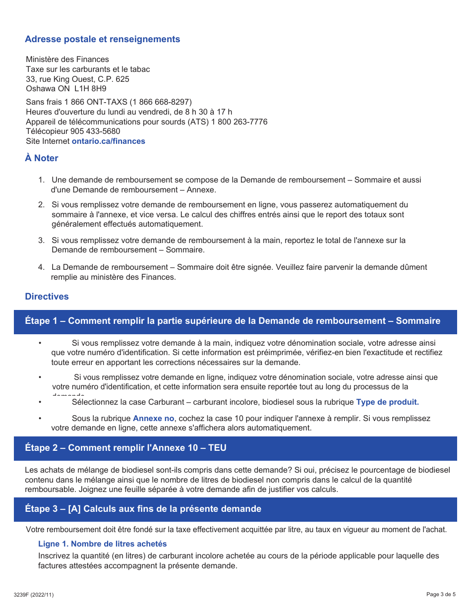 Instruction pour Forme 3239F Demande De Remboursement - Sommaire Et Annexe 10 Teu - Locomotives De Chemin De Fer - Ontario, Canada (French), Page 3