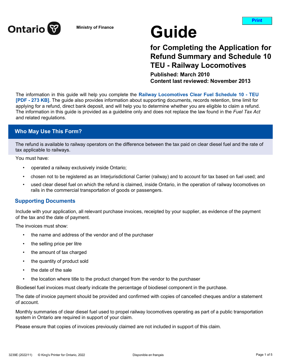 Form 3239E Guide for Completing the Application for Refund Summary and Schedule 10 Teu - Railway Locomotives - Ontario, Canada, Page 1