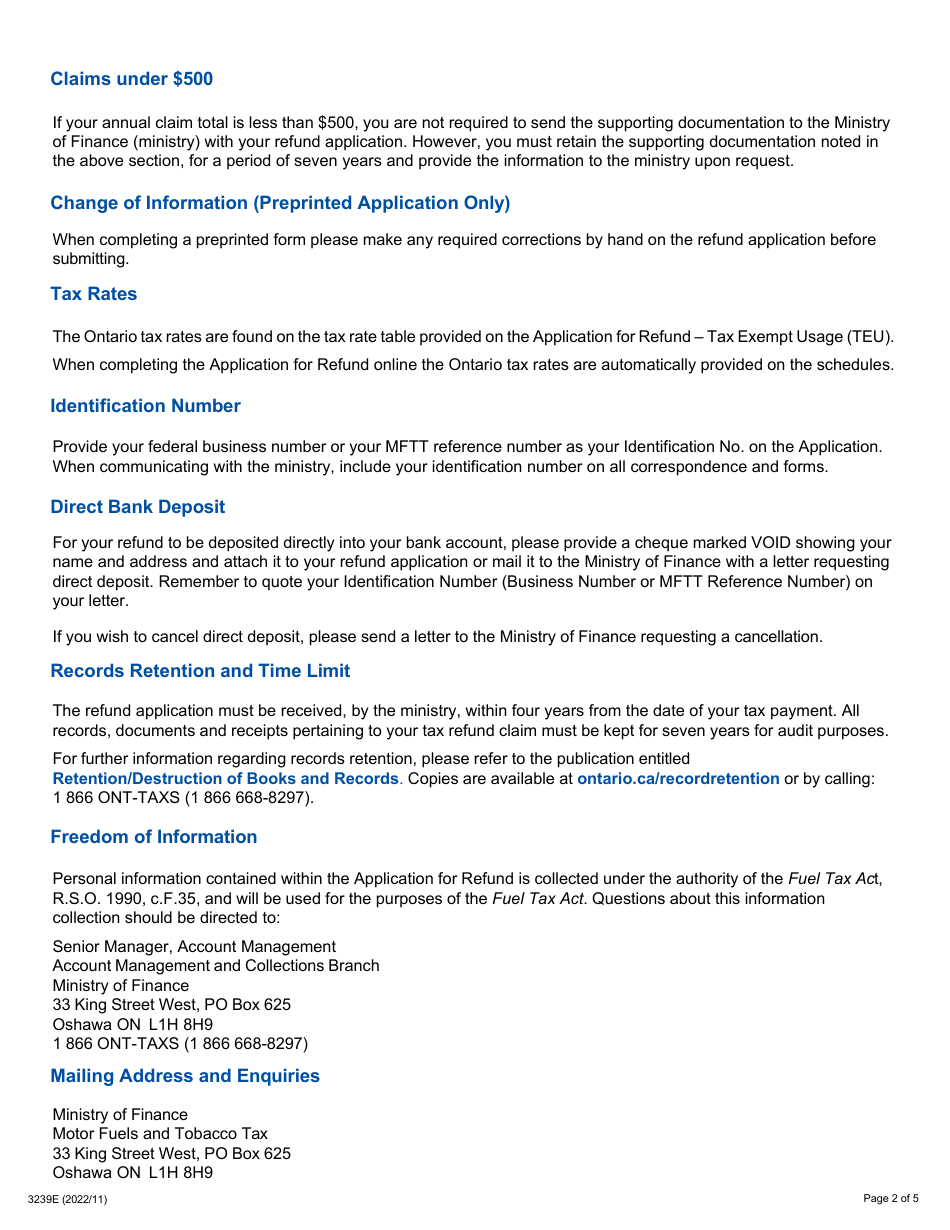 Form 3239E Guide for Completing the Application for Refund Summary and Schedule 10 Teu - Railway Locomotives - Ontario, Canada, Page 2