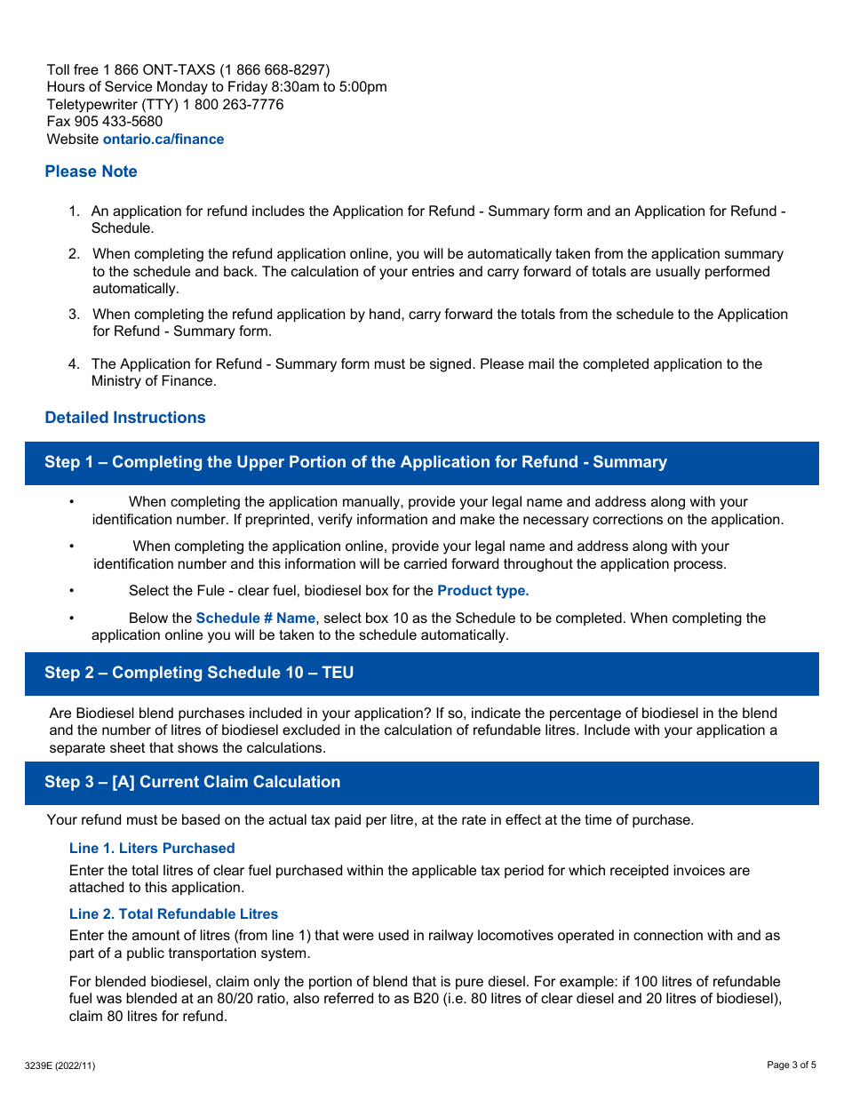 Form 3239E Guide for Completing the Application for Refund Summary and Schedule 10 Teu - Railway Locomotives - Ontario, Canada, Page 3