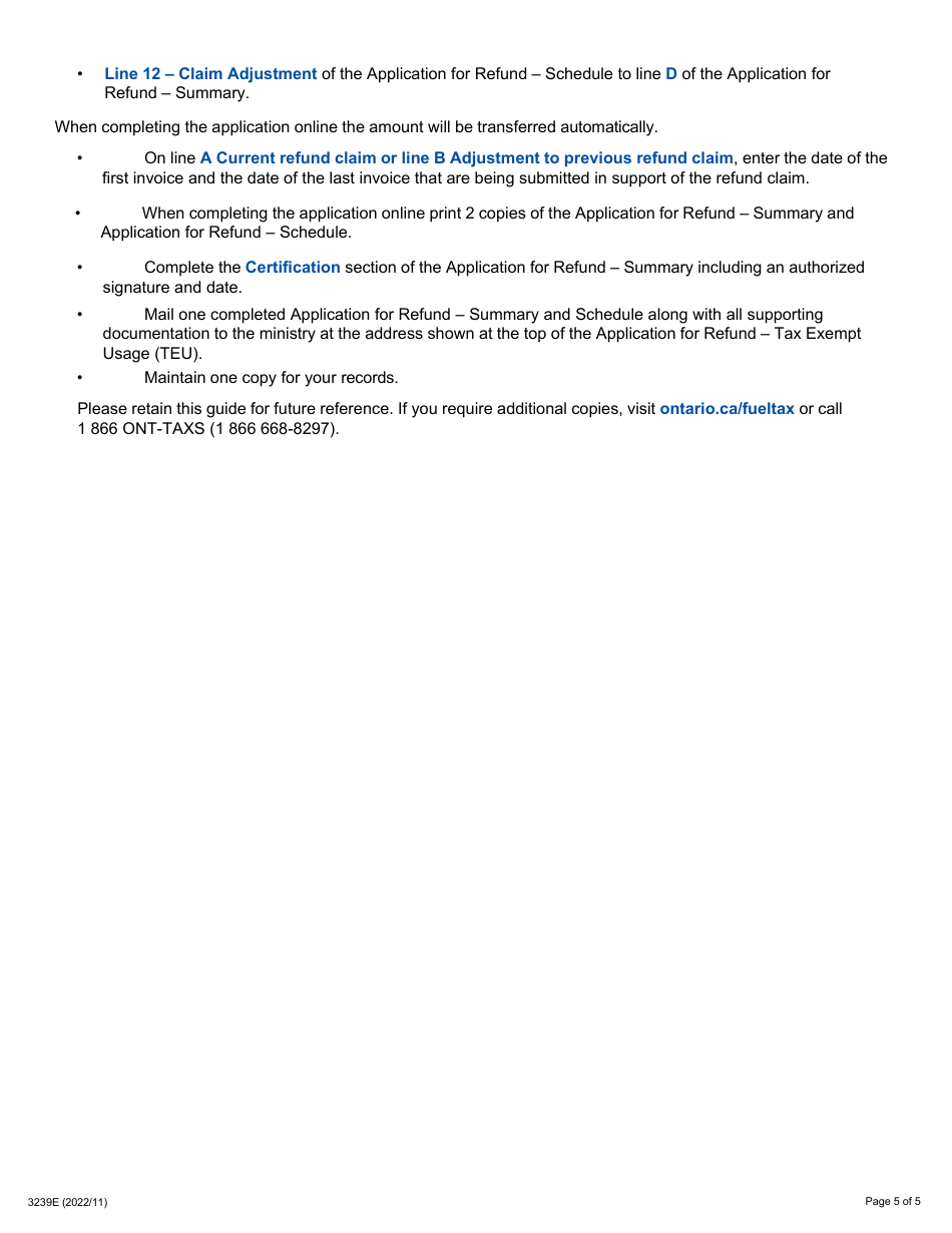 Form 3239E Guide for Completing the Application for Refund Summary and Schedule 10 Teu - Railway Locomotives - Ontario, Canada, Page 5