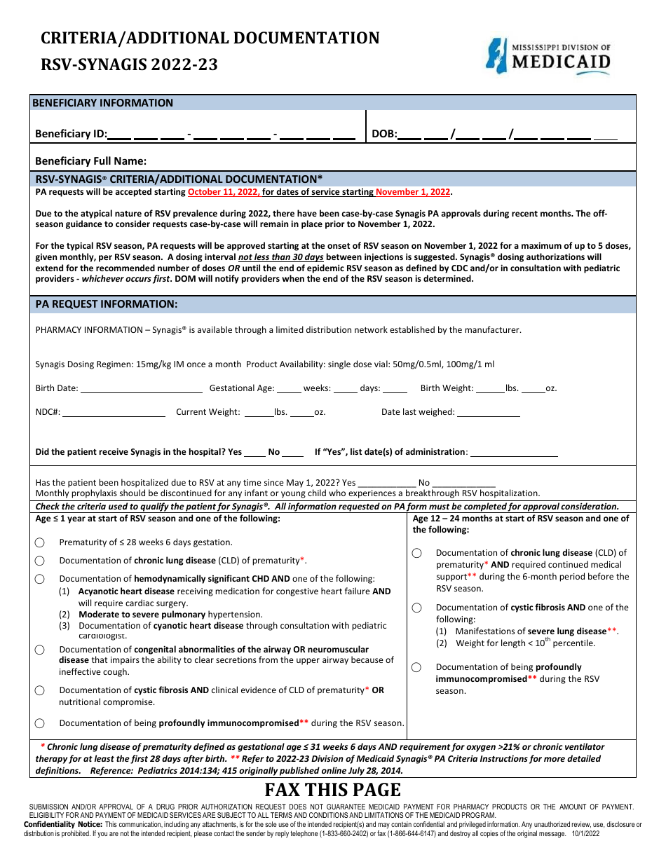 Standardized One Page Pharmacy Prior Authorization Form - Rsv-Synagis - Mississippi, Page 3