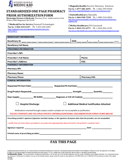 Standardized One Page Pharmacy Prior Authorization Form - Rsv-Synagis - Mississippi, 2023