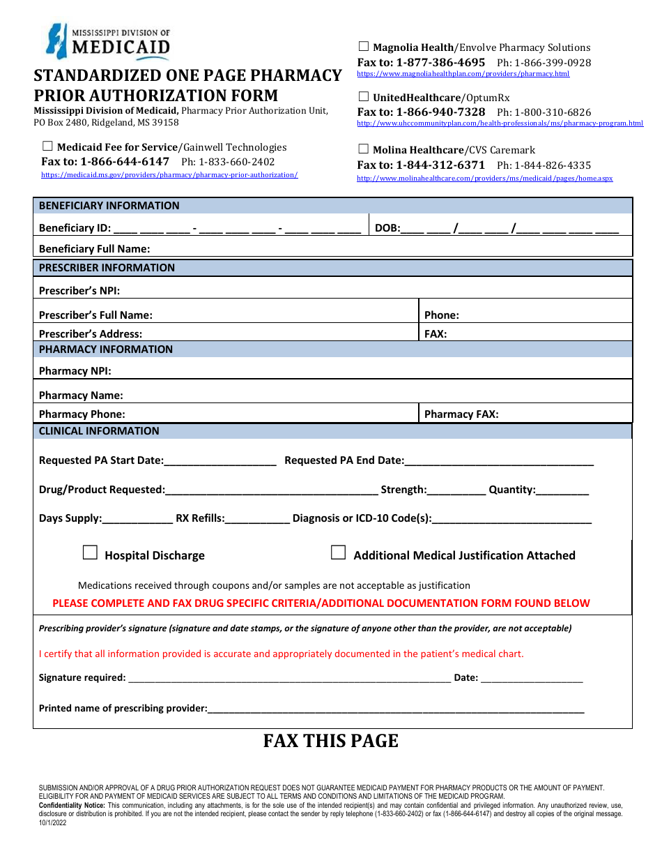 Standardized One Page Pharmacy Prior Authorization Form - Praluent (Alirocumab) - Mississippi, Page 1
