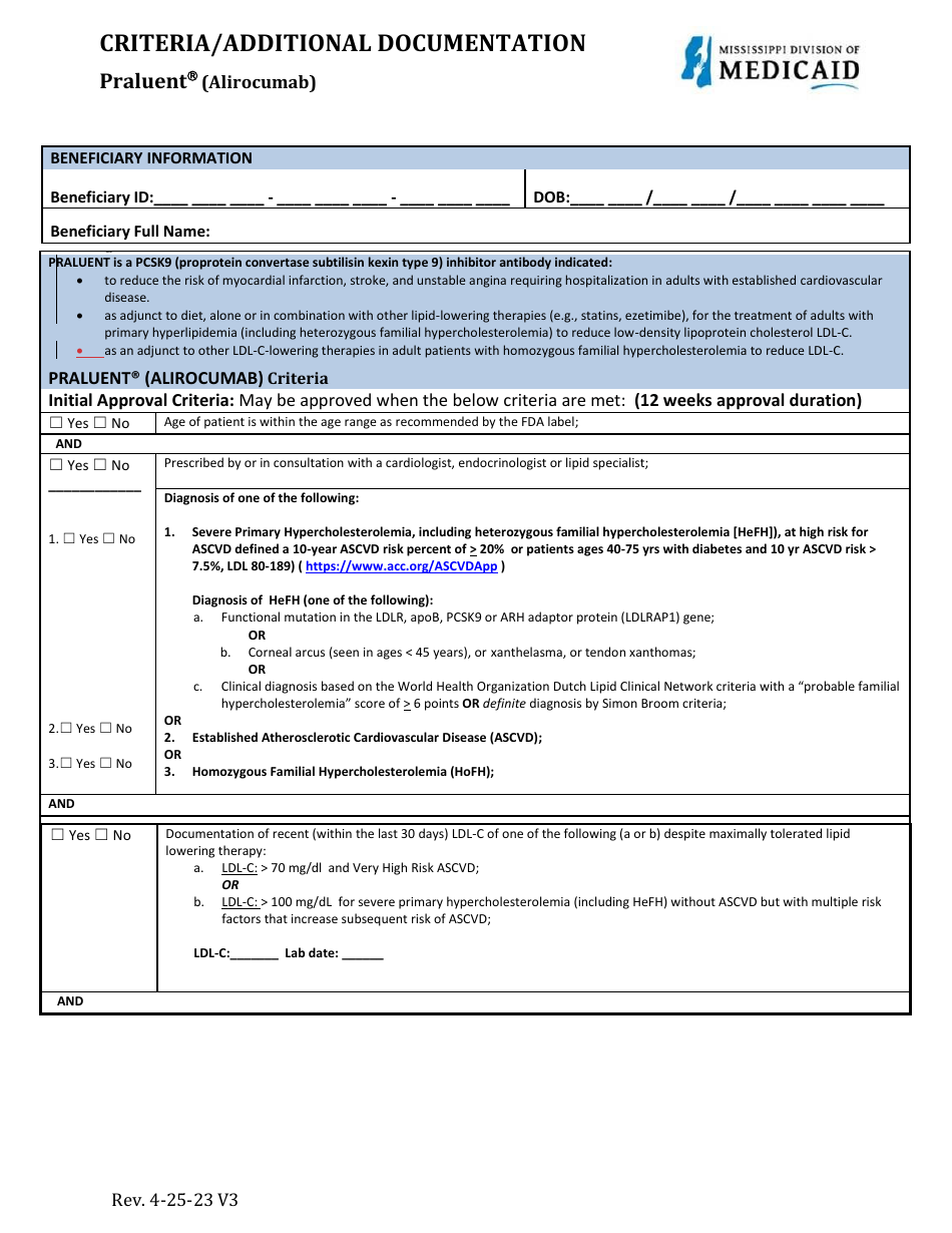 Standardized One Page Pharmacy Prior Authorization Form - Praluent (Alirocumab) - Mississippi, Page 3