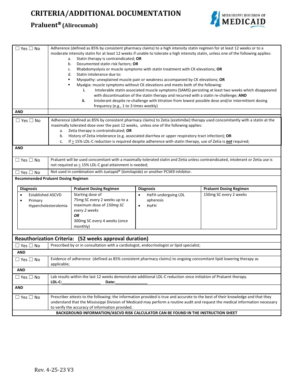 Standardized One Page Pharmacy Prior Authorization Form - Praluent (Alirocumab) - Mississippi, Page 4