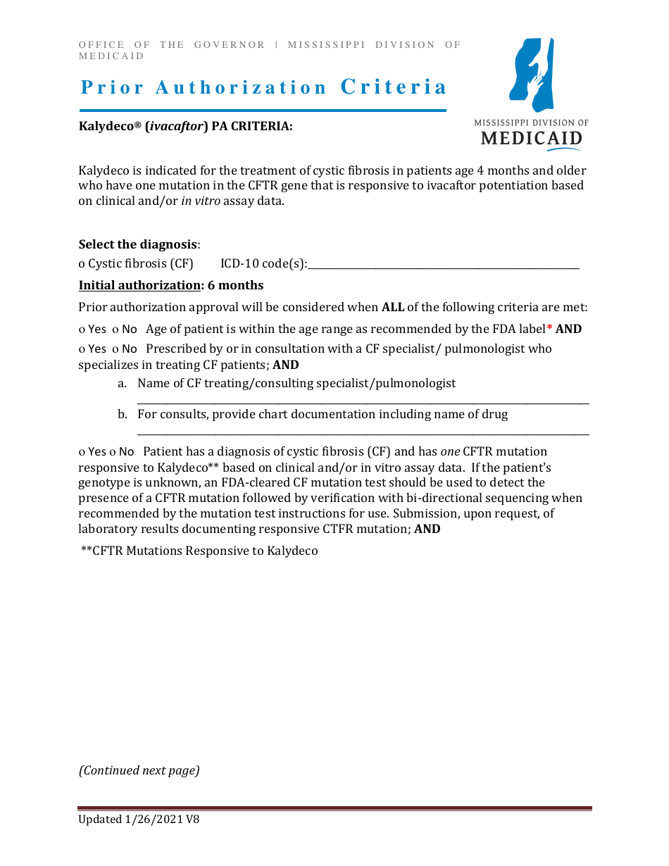Prior Authorization Criteria - Kalydeco (Ivacaftor) - Mississippi, Page 1