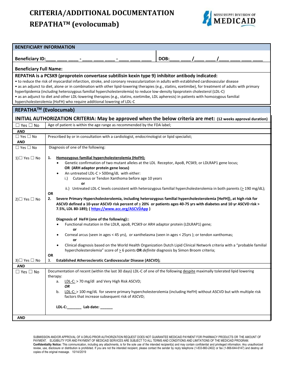 Standardized One Page Pharmacy Prior Authorization Form - Repatha - Mississippi, Page 3